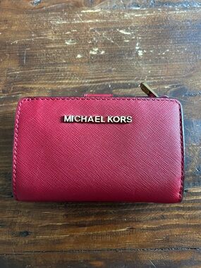 Michael Kors Red Saffiano Leather Clutch Wallet with Gold Logo